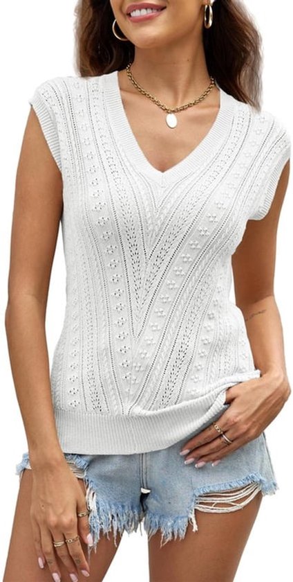 Dames Gebreide Top Zomer V Hals Vleugel Mouw Cardigan Casual Lichtgewicht Haak Sweater Vest Mouwloos Ademend Mode Shirt Basis