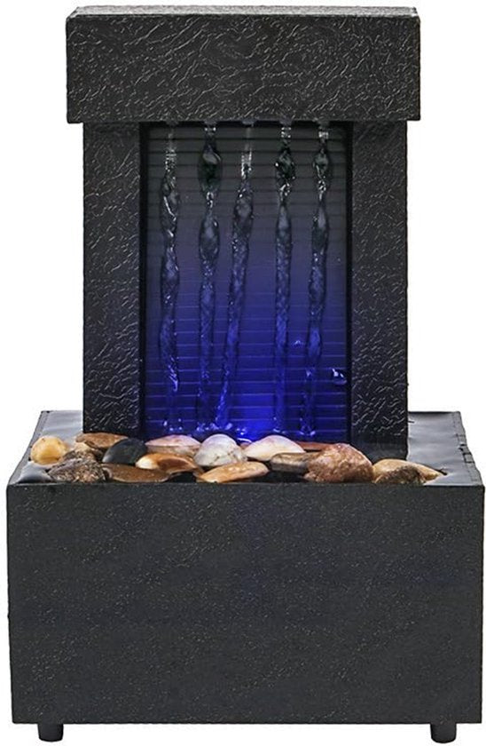 LED waterval lichtshow met tafelblad waterfontein in modern design, natuurlijke charme en rustgevende geluiden voor kantoor en woondecoratie met zen elementen