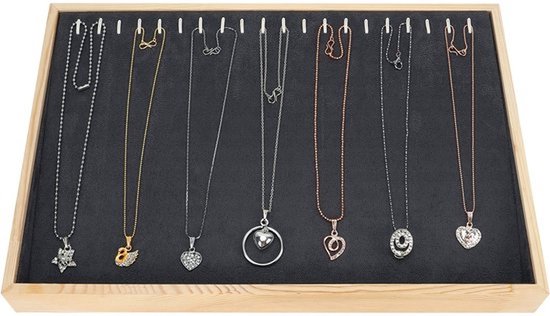 Houten sieraden display tray met 20 haken en grijs velours inleg van 24 x 35 cm, ideaal voor het overzichtelijk organiseren en tentoonstellen van kettingen en armbanden