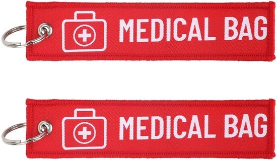 Set van 2 medische waarschuwingslabels voor bagage met dubbelzijdige bedrukking en 2 sleutelhangers, rood van kleur, ideaal voor bagage, portemonnees en rugzakken voor extra veiligheid