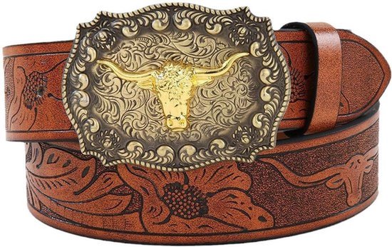 Western Cowboy-stijl riem met bloemenprint en Longhorn-stiergesp, cowboyriem voor heren (120 cm lang), goud, één maat, goud, één maat