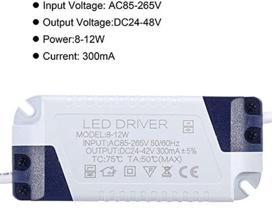 8-12W LED Driver - AC 85-265V - DC 24-42V - 300mA Constant Current