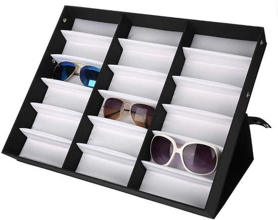 - Brillenopbergbox - Opberger voor zonnebrillen - Voor 18 brillen - Grijs - Organizer voor brilmonturen - Geschikt voor thuisgebruik - Zwart metalen frame - Brillenopberger voor zonnebrillen, leesbrillen en meer, 47,5 x 37,5 x 6 cm.