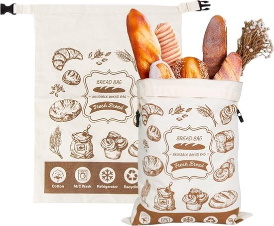 Broodzak - 2 Stuks - Broodzak om Brood Vers te Houden - 41,5 x 30 cm - Herbruikbare - Katoenen - Roll-top Gesp Sluiting - Wasbaar & Duurzaam - voor Brood, Stokbrood, Fruit - Zero Waste - Crème