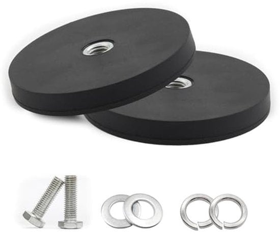Set van 2 Neodymium Magneten, Rubberized, Diameter 88 mm, Rubber Ronde Magneten, Sterke Rubber Magneten, Antislip met M8 Vrouwelijke Draad, Laadcapaciteit 55 kg, voor Schroefogen of Haken