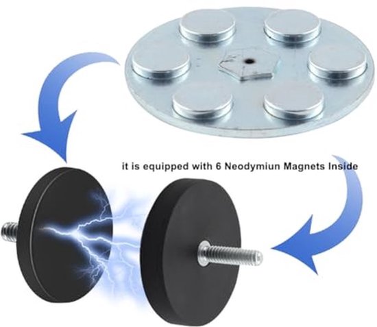 Set van 2 rubberen neodymium magneten, diameter 66 mm, rubberen ronde magneten, platte gripmagneten, schijf potmagneten met M6 mannelijke schroefdraad, draagvermogen 55 kg, voor lichtstrips, rubberen ronde m