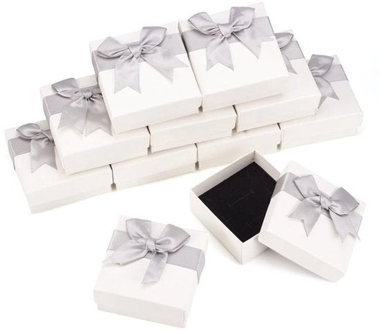 12 Stuks Vierkante Kartonnen Sieraden Geschenkdozen 7.5x7.4x4.2cm Kleine Papier Sieraden Verpakking Doos Met Lint Voor Bruiloft Verjaardag Kerstfeest, Grijs