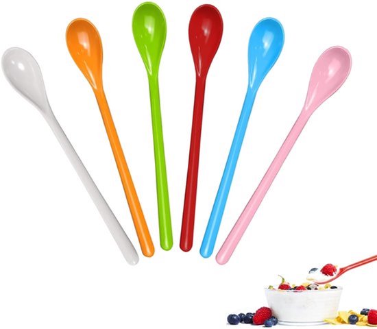 Multikleurige 6 Stuks Lange Kleurrijke Plastic Lepels, Lange Handgreep, Herbruikbaar, Lange Eilepels, Jamlepels, Cocktailepels, Yoghurtlepels, Theelepels (6 Kleuren)