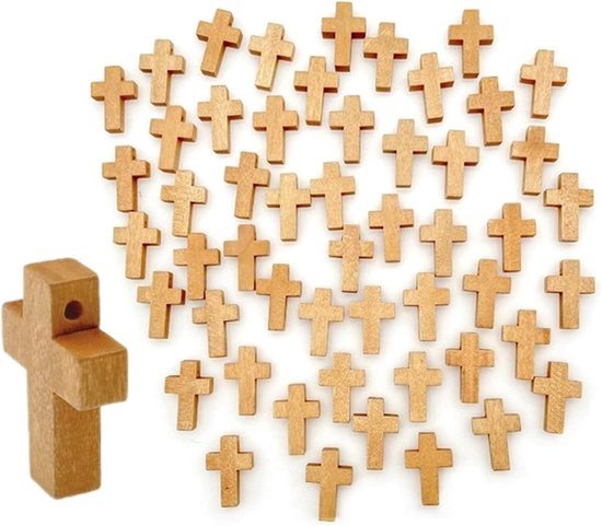 Set van 50 mini houten kruisjes met gat in natuurlijke kleur, ideaal voor het maken van sieraden en DIY accessoires voor communiefeesten en andere gelegenheden