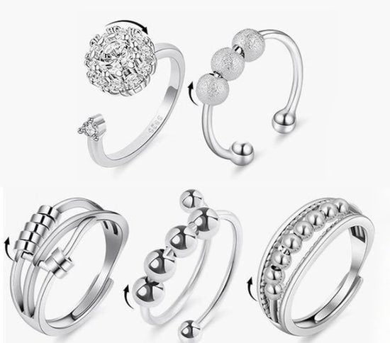 5 stuks anti-angst fidgetring voor vrouwen - open verstelbare ring - draaibare kralenringen - Bee Daisy-ringen set voor vrouwen om stress te verlichten - stijl A