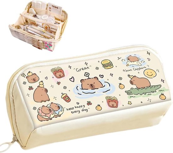 Capybara-print Pennenzak - Met meerdere lagen - Groot volume - Pennentas voor meisjes - Schoolbenodigdheden - Schrijfgerei-set - Cadeau voor tieners - Multikleur - XL