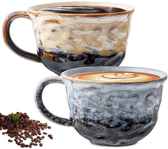 Porseleinen Koffiekopjes, 2 Stuks, Espresso Kopjes, 260 ml, Handgemaakte Koffiekopjes met Handvat, Cappuccino Kopjes, Koffiekopjes, Keramische Mok voor Espresso, Thee, Latte