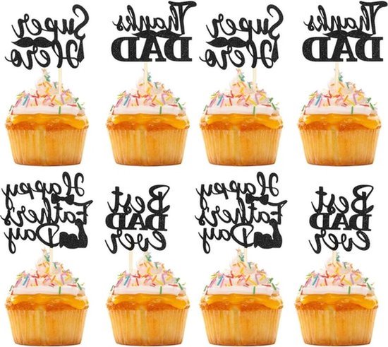 Vaderdag Cupcake Toppers - 12 stuks Zwarte Glitter Plectrums voor Papa - Taartdecoratie voor Vaders Verjaardagsfeestje - Decoratie voor Bakvormen - 4 Stijlen.