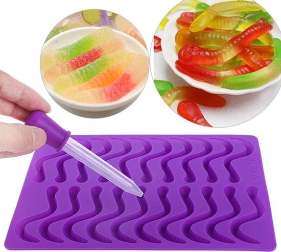 Gummy 20 Compartimenten Gummy Worms Aardworm Kleine Slang Silicoon voor Chocolade Snoep Gummy Taart met Druppelaar Paars