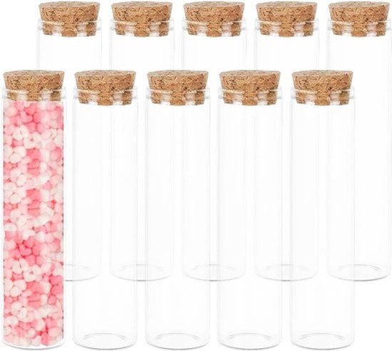 Glazen reageerbuisjes (60 ml) met kurkstop - set van 10 stuks voor laboratorium, cadeautjes, zoetigheden - helder glas - mini flesjes voor specerijen en kralen