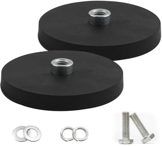 Verpakking van 2 Rubber Neodymium Magneten, Rubber Ronde Magneten met Convexe Schroefgat M6, Diameter 66 mm Platte Grip Magnet, Laadcapaciteit 55 kg, Schijf Pot Magnet voor Schroeven, Lichtsstrips