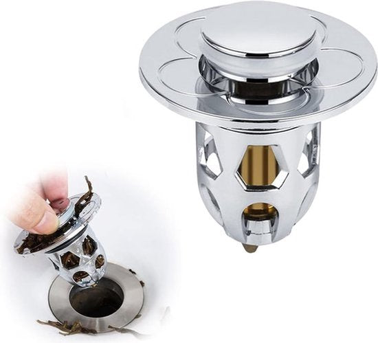 Universele Gootsteen Stopper - Pop-Up Wastafelstop - Wastafel Afvoerplug - Afvoerstop - Afvoerzeef - Haarvanger - Wasbak - Afvoerpluggen - Wastafels - Badkamer / Keuken - Anti Haar - Chroom - Voor 34-40 mm