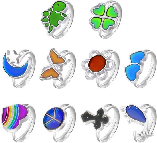 10 Stuks Stemmingsringen, Verstelbare Kleur Veranderende Ring Temperatuurveranderende Ring met Schattige Bloemen Dieren Perzikhartvormen, Veranderende Stemmingsringen voor Jongens Meisjes