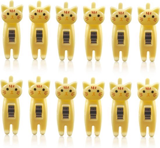 12 stuks kattenvormige zakclips leuke chip clips papieren clips Japanse wasknijpers kleding pennen grappige chip clips voedseltas clip voor snack chips opslag (geel)