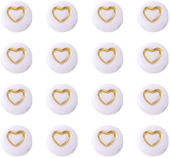 200Pcs Platte Ronde Acryl Hart Kralen 7x4mm Goud Geplateerde Metaal Hartpatroon Losse Spacer Kralen voor Sieraden Maken, Gat: 1.5mm (Wit)