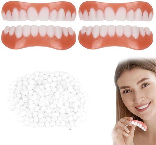 paar valse tanden, veneers, fineertanden, cosmetische tand opgelost, cosmetische tand opgelost, namaak, tijdelijke tandprothese met tandreparatiekralen, tand opgelost