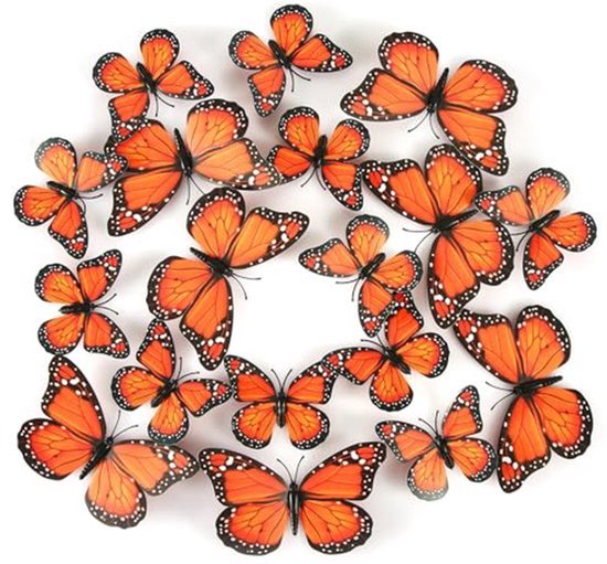 24 stuks monarchvlindermagneten, kunstmatige monarchvlinderdecoraties, 3D vlindermuurstickers voor knutselen, muurdecoratie, kunstkamer, koelkast, Halloween, verjaardagsfeestje (oranje)