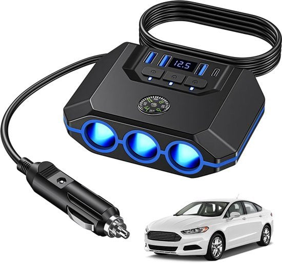 Autolader, sigarettenaansteker, verdeler: 120 W, auto-aansluiting, 12 V sigarettenaansteker, 7 in 1 adapter, basis met 3 stopcontacten en 4 USB-poorten, meervoudige stekkersplitter voor GPS