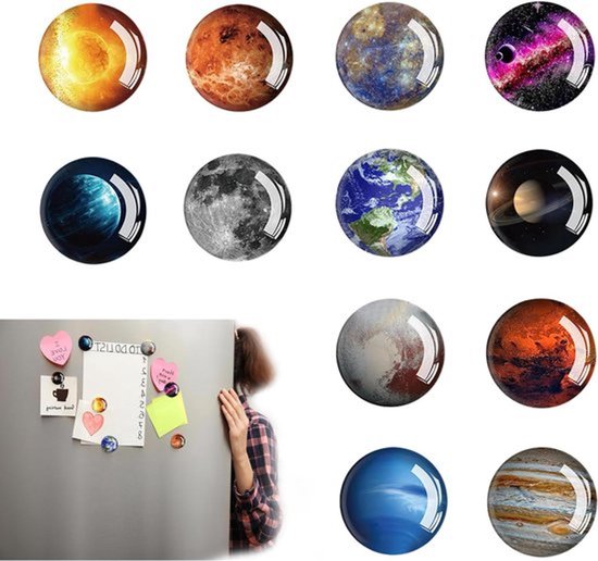 Decoratieve magneten set van 12 stuks, Ø30mm, planeten design, geschikt voor koelkast en whiteboard