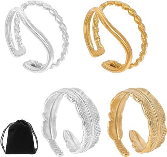 Verstelbare ringen met fluwelen zakje en engelveren - Golflijndesign - Duimring - Sieradenaccessoires voor vrouwen (zilver)
