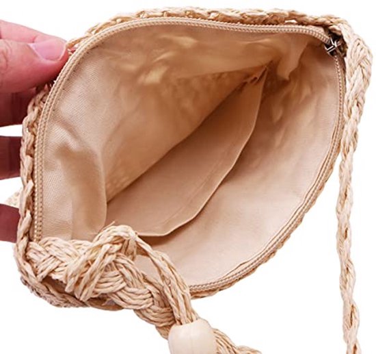 Vrouwen Zomer Strand Stro Zakken Met Kwastje Mini Stro Handtassen Met Rits Weave Handgemaakte Crossbody Tas Bohemian Schoudertas (Beige)