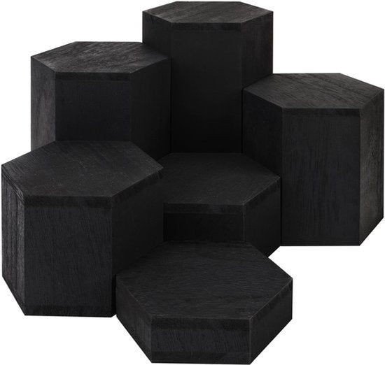 Set van 6 zwarte houten hexagonale display plinten voor planken en balies, ideaal voor sieraden, miniaturen, cupcakes en desserts met een stijlvolle uitstraling