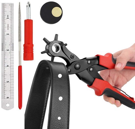 Gaatjestang - Met Meetlat - Gatentang - Gatenmaker - Ponstang - Gaatjesmaker - Holpijptang - Perforatietang - Gaatjestang Voor Riem - Handvat Met Antislip - Revolvertang - Ponstang Riemen En Leer - Ergonomisch En Duurzaam - 6 Maten - Rood