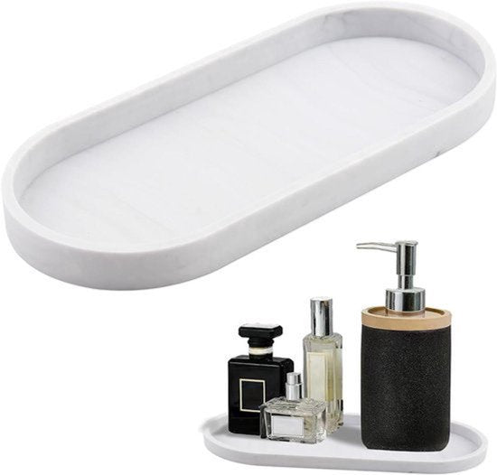 Ovaal Hars-Dienblad in Marmer Wit - Organizer voor Make-Uptafel, Sieraden en Cosmetica - Badkamer Slaapkamer Keuken