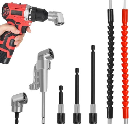 Set van 7 hoekschroevendraaier-opzetstukken voor accuschroevendraaiers met 105 graden hoek - Hoekopzetstukken - Zeskantige schachtverlenging - Flexibele bithouder - Verlengstuk