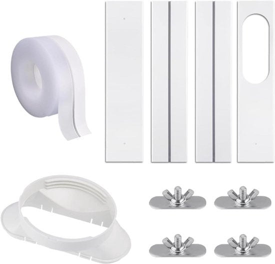 - Draagbaar airconditioningraamset - Universele koppeling - PVC-paneel - Raamafdichting - Ventilatieset - Verticaal en Horizontaal - Schuifraam - Uitlaatslang 13cm - Geschikt voor AC.