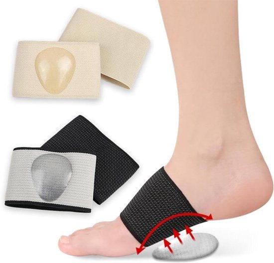 Pijnverlichtende voetbandage voor middenvoet - 2 paar met gelpads voor platvoeten - zwart/beige - maat L - unisex