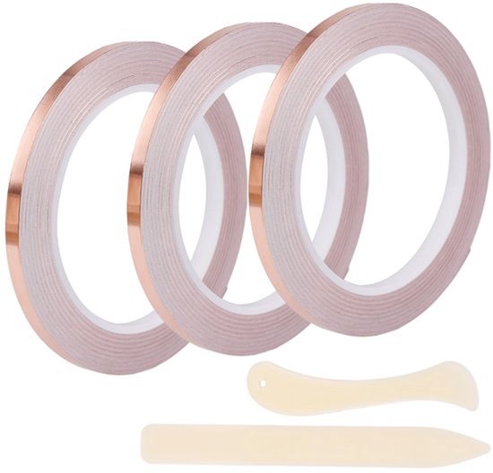 Koperfolietapeset voor glas-in-lood-knutselwerkjes, 5 mm x 60 m, 3 rollen zelfklevende geleidende tape met 2 stuks gereedschapsbenodigdheden voor EMI-afscherming, elektrische reparatiepapiercircuits