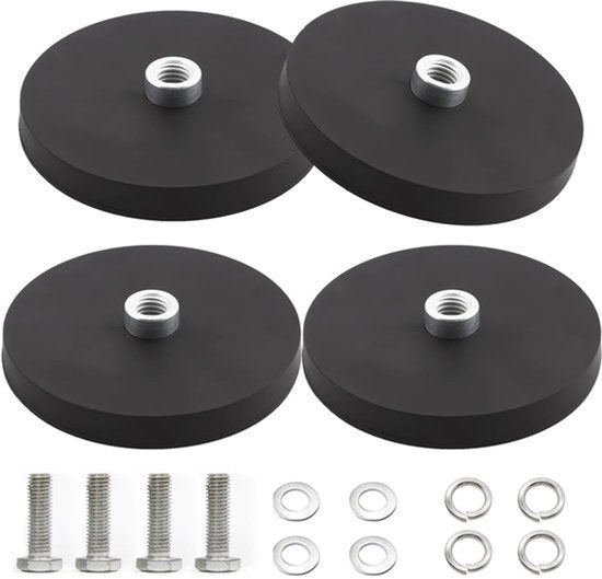 Set van 4 Neodymium Magneten, Rubber Diameter 43 mm, Platte Grijper, 10 kg Laadcapaciteit, Rubber Ronde Magneten met M6 Convexe Schroefgat, Schijfmagneten voor Schroeven, Lichten of Haken