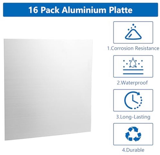 6061 T651 Aluminium Platen, Verpakking van 16, 0.5 mm, Dunne Aluminium Plaat, 15 cm x 15 cm, Aluminium Plaat met Beschermfolie, Aluminium Plaat, Zilver, voor Modelbouw, Beurs, Doe-Het-Zelf Ambachten