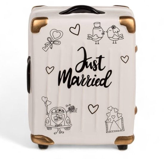 Keramische trouwspaarbox Just Married - Aangepaste spaarkas met slot en humoristisch ontwerp
