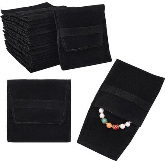 24pcs Zwarte Microfiber Sieraden Pouch - Vouwbare Flapzak voor Oorbellen, Armbanden en Kettingen - 9,7 x 9 cm