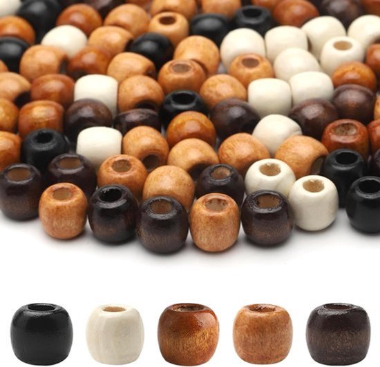 Houten Kralen Set - 200 Stuks in 5 Kleuren - Macramé, Haar & Sieraden Maken - DIY Dreadlocks - Inclusief Elastische Draad