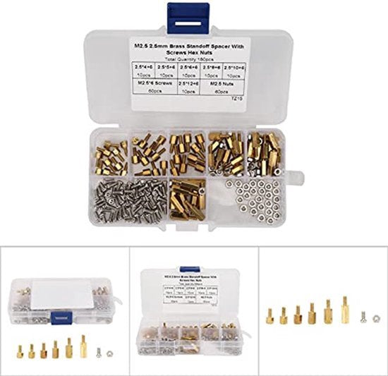 180 stks M2/2.5/3 Standoff Set 1-Way Carbon Stalen Moeren Bevestigingsmiddelen Assortiment Kits met Doos Bevestigingsmiddelen voor Elektronica-industrie(M2.5)
