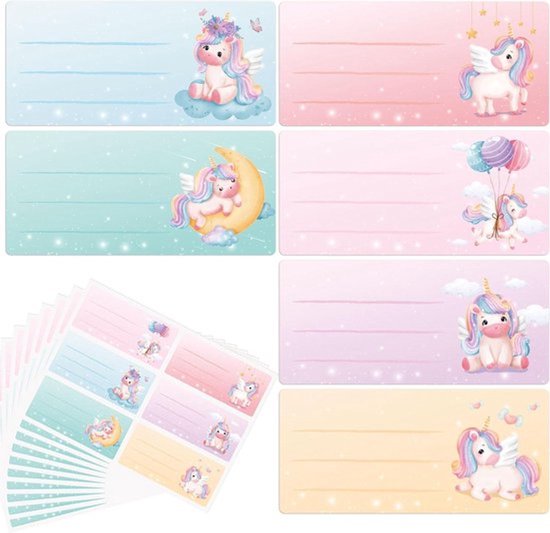 60 kleurrijke zelfklevende eenhoorn etiketten die beschrijfbaar zijn, ideaal voor school, scrapbooking, containers, glazen, geschenkzakjes en schriften, set van 60 stuks