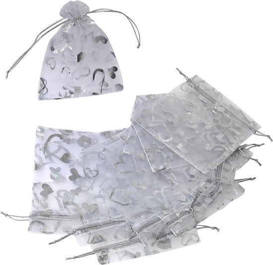 Set van 10 witte zakjes met zilveren hartmotieven voor cadeaus, sieraden en cosmetica - 100x120 mm met trekkoordsluiting