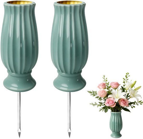 2 stuks grafvaas met grondpen, begraafplaatsvazen voor begraafplaats met metalen spikes en drainagegaten, voor grafsteen, graaf, begraafplaats, decoraties, herdenkingsgeschenken, verlies van een