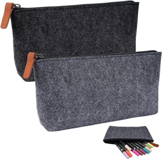 2 Stuks Vilt Mappen 21 x 11 cm Multifunctionele Pennentas Kantoorbenodigdheden Cosmetica Tas met Rits voor Pennen Lichte Markers en Andere Kantoor- en Schoolbenodigdheden Zwart Grijs