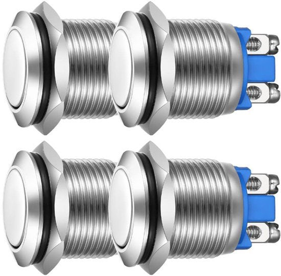 4Pcs 19mm Momentary Push Button 3A/250VAC; 5A/12VAC Waterdichte Power Drukknop Kleine Ronde Chroom RVS 2-Pin N/O (Vlakke Kop)