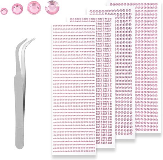 1900 Glitter Rhinestones Zelfklevende 3/4/5/6 mm Ronde Edelstenen voor Plakken met Pincet - Roze Rhinestone Stickers voor Kinderknutselen en Fotolijst.