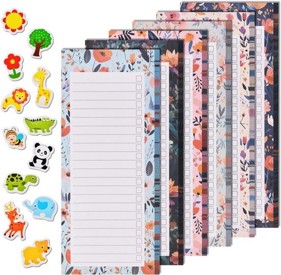 Set van 6 notitieblokken met 50 vellen per blok, voorzien van koelkastmagneten en een bloemenmotief voor handige en decoratieve notities in huis of op kantoor